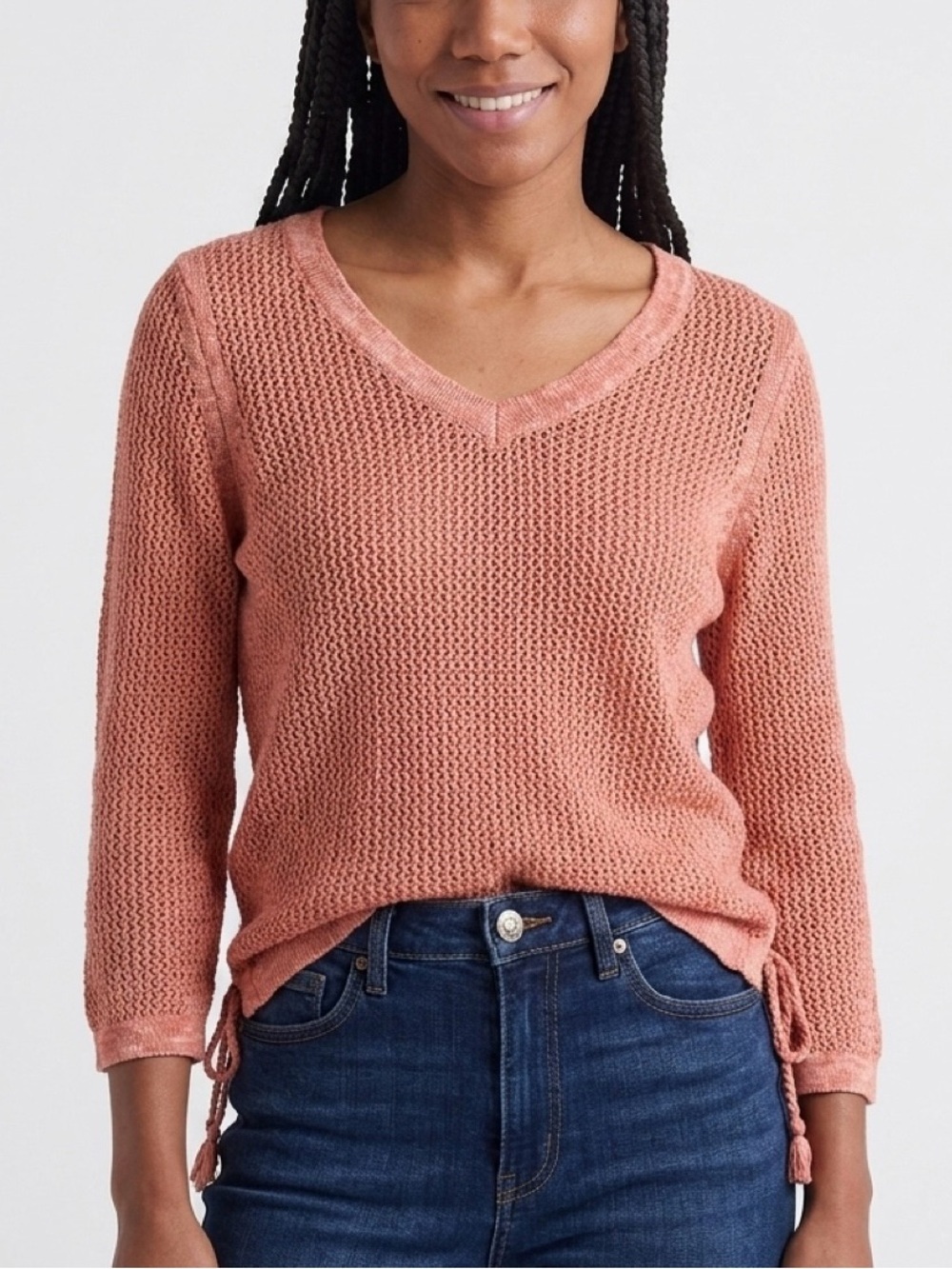 Talbots Pink Waffle Weave Tassel Side Ties Knit Sweater Top